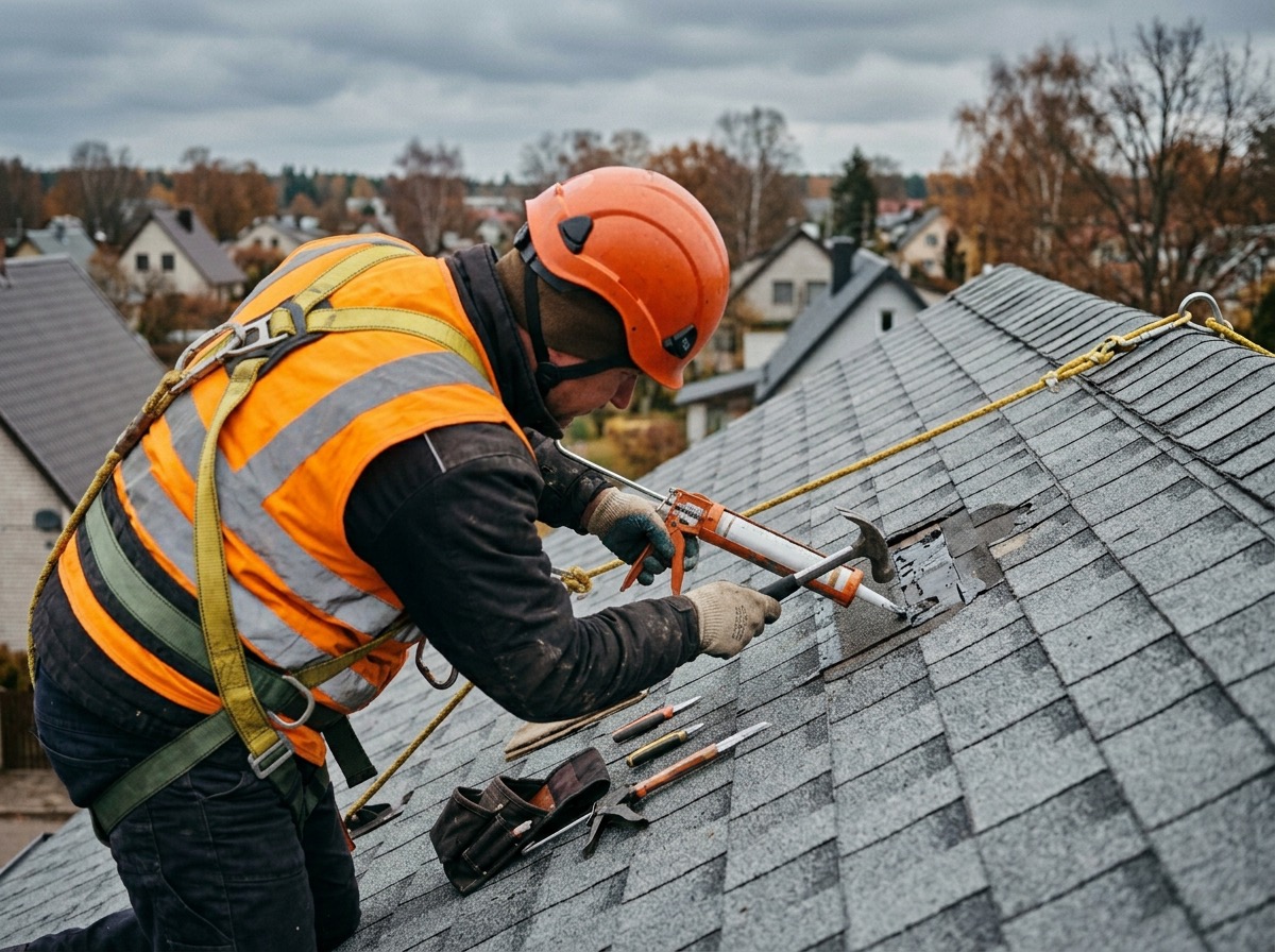Profesionāls jumta meistars veic avārijas jumta remontu uz privātmājas Rīgā